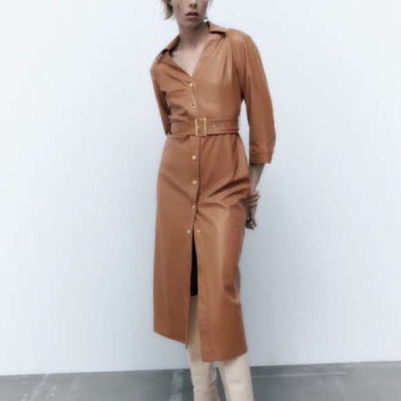 Zara Faux Leather Shirt With Belt Shirt Dress Zara Leather Dress Green ZARA  Khaki Green Faux